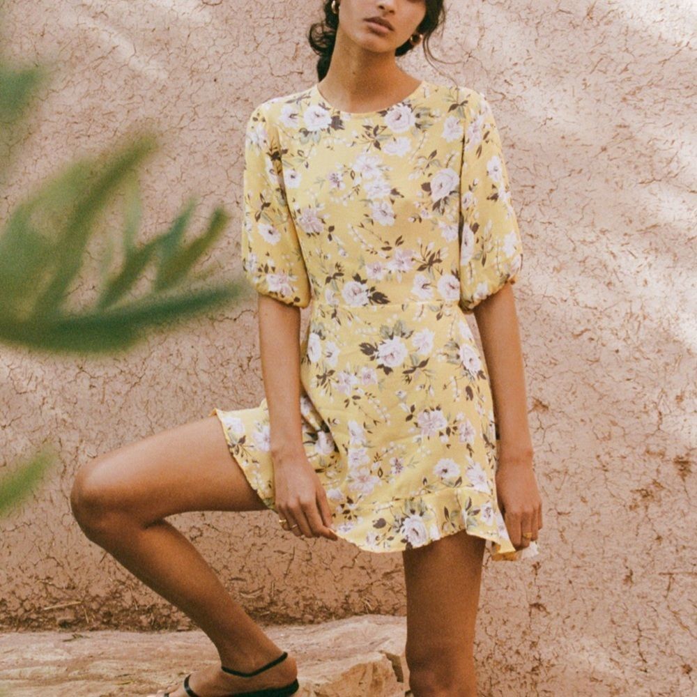 NWT Faithful The Brand Jeanette Floral Print Ruffled Mini Dress Jasmin Yellow